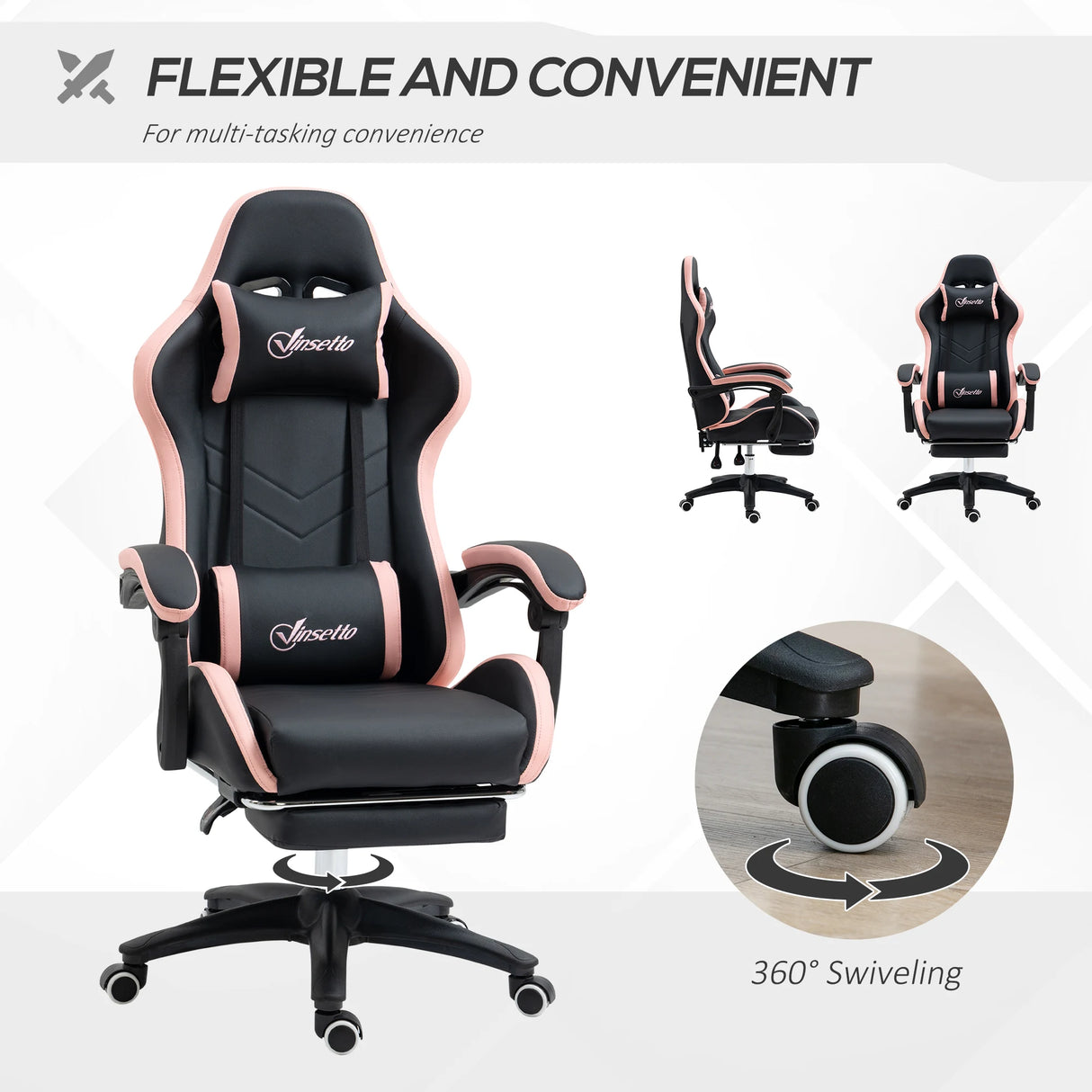 Vinsetto Computer Gaming Chair, PU Leather Office Desk Chair with Footrest, Swivel Wheels, 135 Reclining Back, Lumbar Support, Headrest for Home, Black and Pink