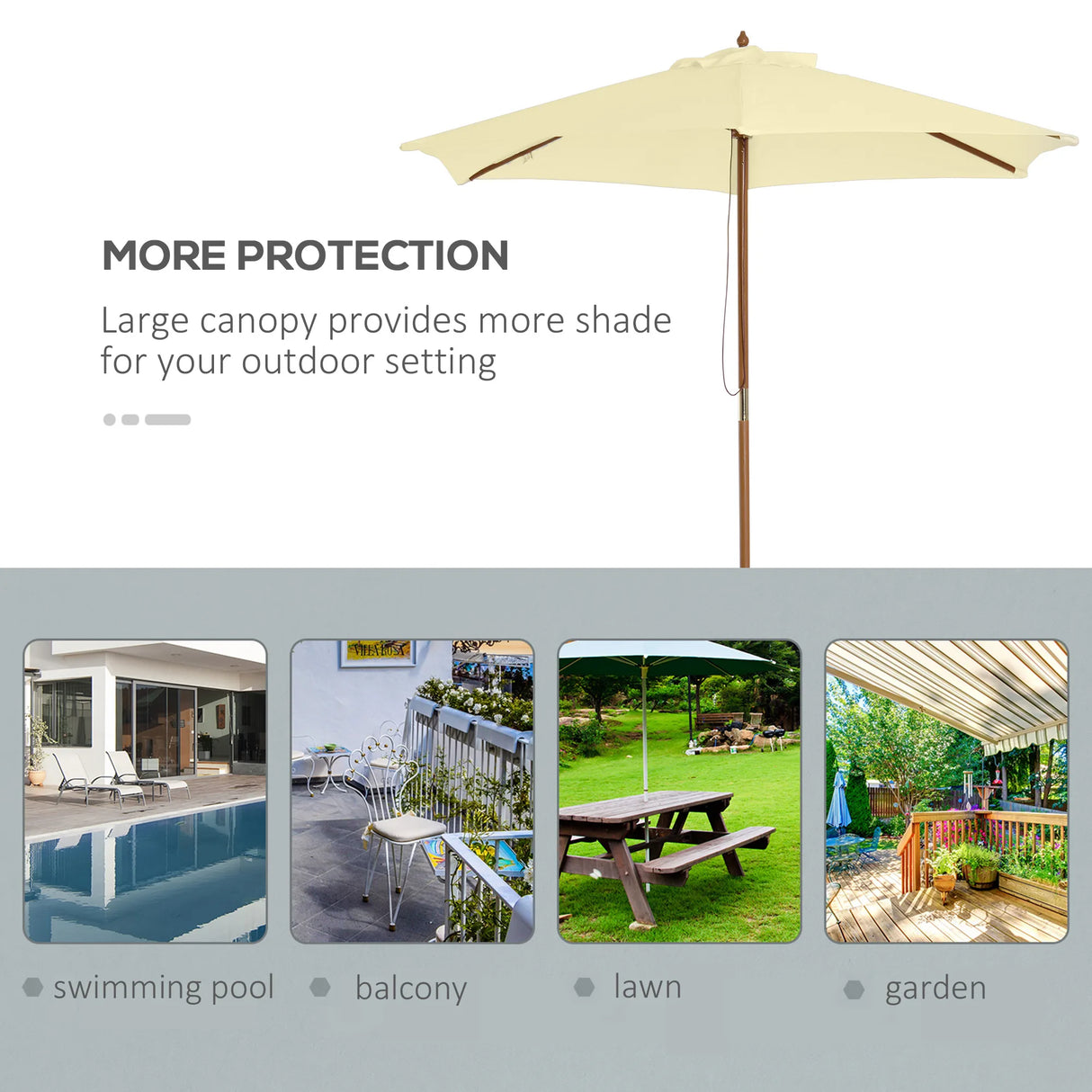 Outsunny 2.5m Wood Garden Parasol Sun Shade Patio Outdoor Wooden Umbrella Canopy, Table Market Umbrella with Vent, 38mm Pole, Rope Pulley Mechanism, Cream White