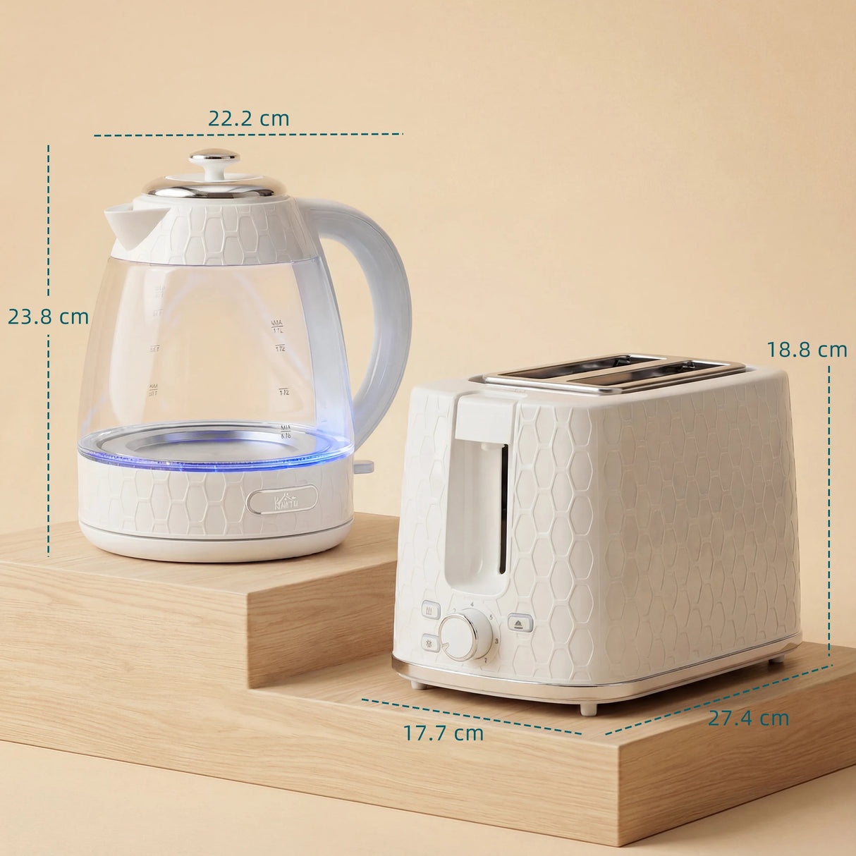 HOMCOM Kettle and Toaster Set, 1.7L 3000W Rapid Kettle with Limescale Filter, 2 Slice Toaster with 7 Browning Controls, Cream