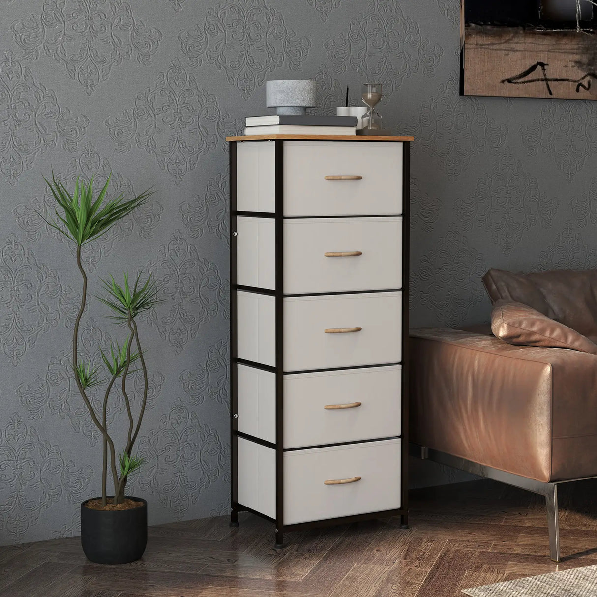 HOMCOM Fabric Chest of Drawers, Industrial Bedroom Dresser with 5 Fabric Drawers, Steel Frame and Wooden Top for Nursery, Living Room, Hallway, Cream White