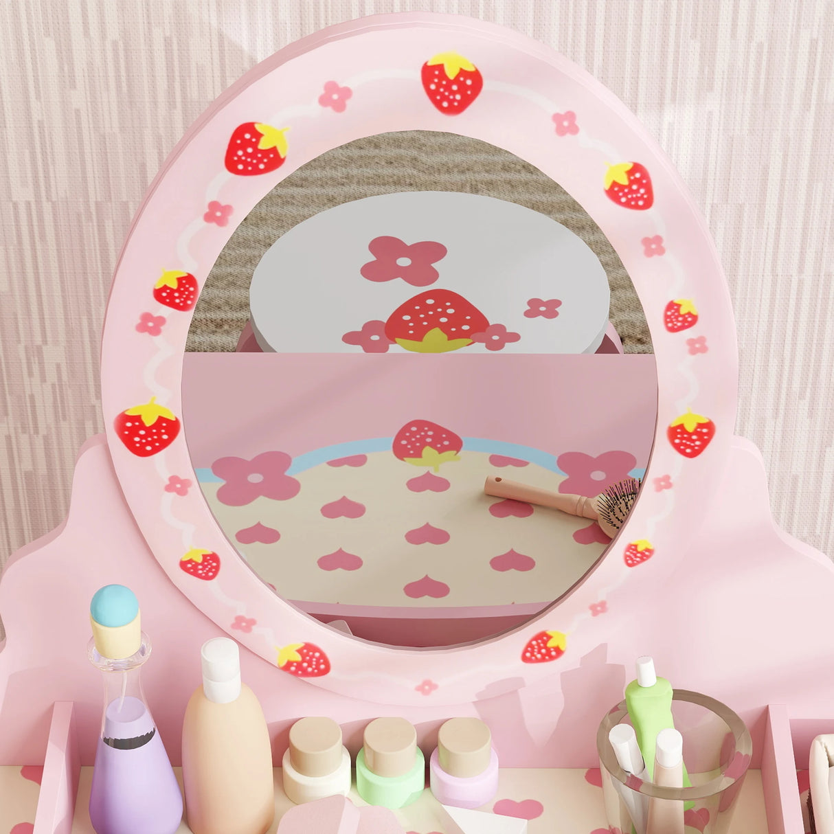 AIYAPLAY Kids Dressing Table Set, Vanity Table with Stool, Mirror, Drawer, Desktop, Storage, Strawberry-Theme, Pink