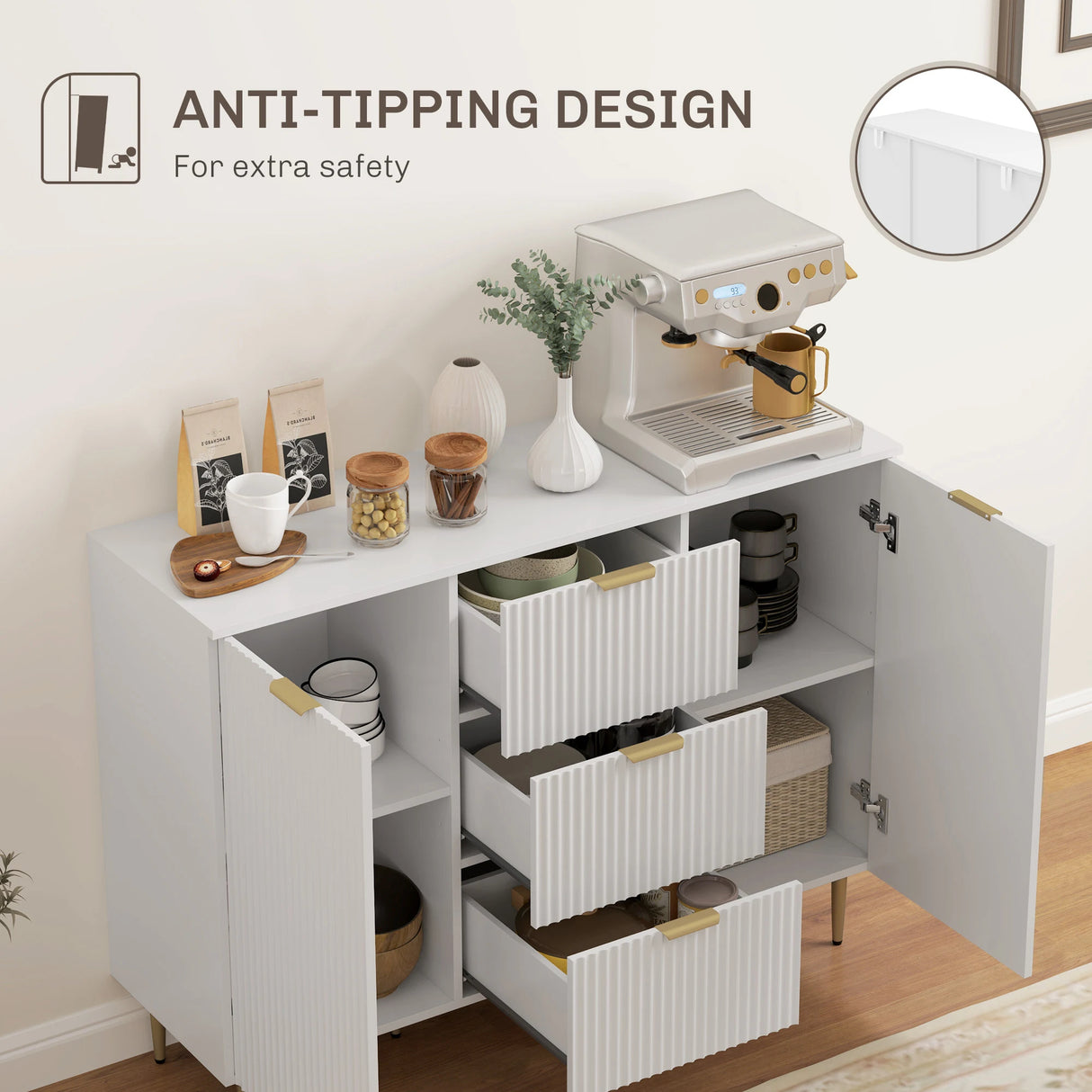 HOMCOM 2-Door Sideboard with 3 Drawers and Adjustable Shelves - White