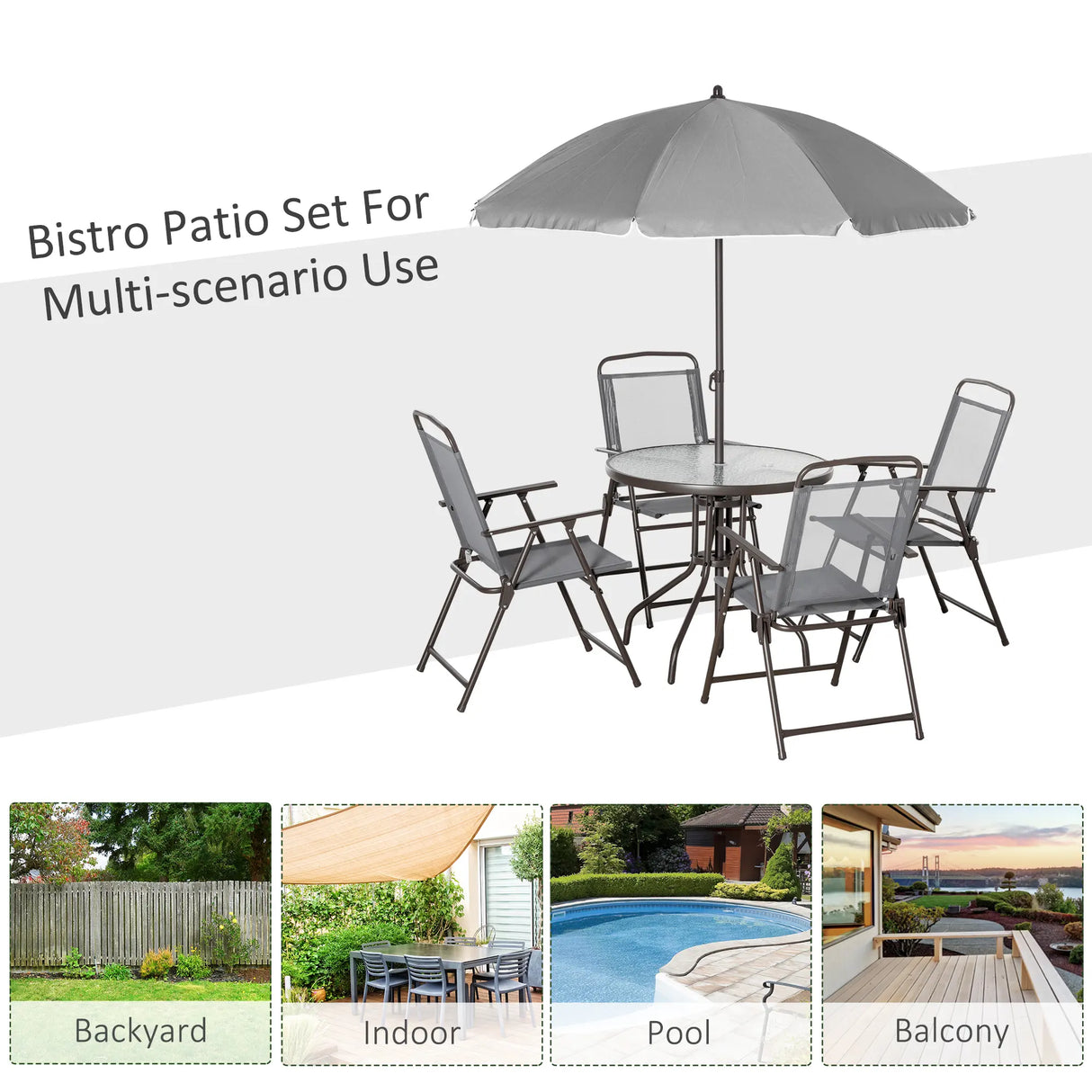 Outsunny 6 Piece Garden Dining Set with Umbrella, Outdoor Dining Sets with Parasol, 4 Folding Dining Chairs & Round Tempered Glass Table, Grey