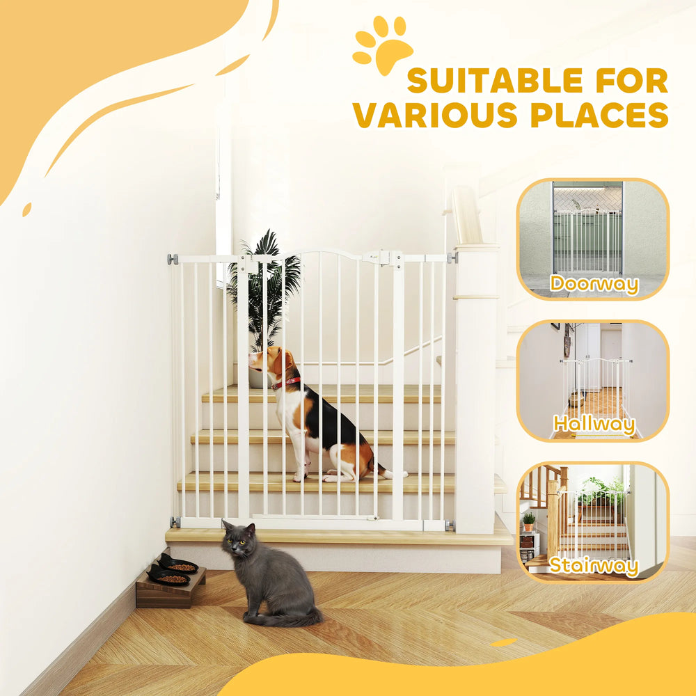 PawHut Pressure Fit Dog Stair Gate No Drilling Safety Gate Auto Close for Doorways, Hallways, 74-100cm Adjustable, 94cm Tall, White