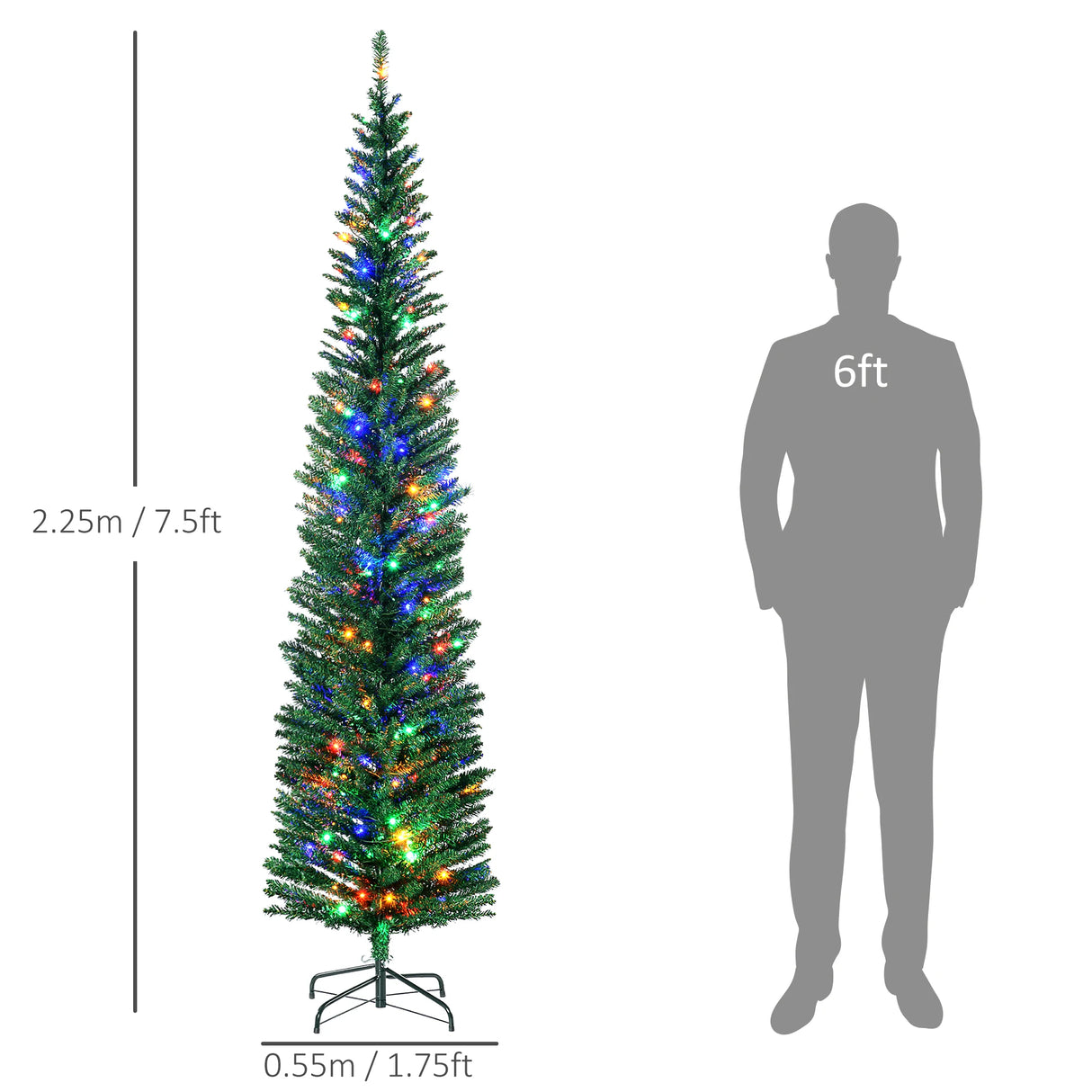 HOMCOM 7.5' Artificial Prelit Christmas Trees Holiday Dcor with Colourful LED Lights, Pencil Shape, Steel Base