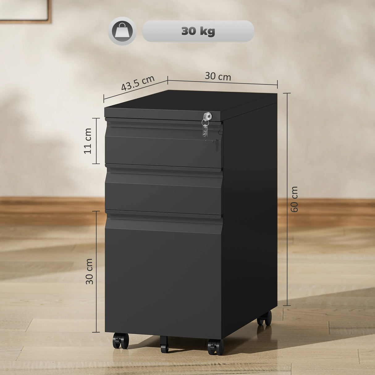 Vinsetto 3-Drawer Steel Filing Cabinet with Lock and Wheels - Black