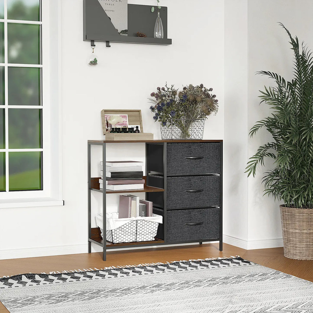 HOMCOM Chest of Drawers Storage Dresser Cabinet Organizer with 3 Fabric Drawers and 2 Display Shelves for Living Room, Bedroom, Hallway, Black