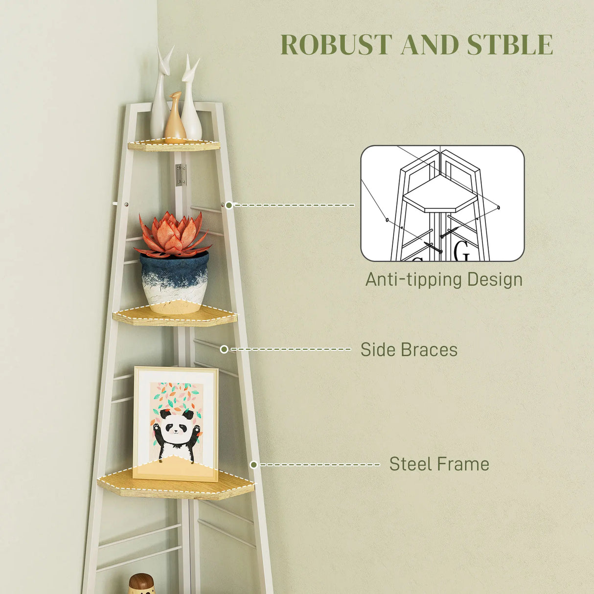 HOMCOM Five-Tier Corner Shelf - White/Wood-Effect