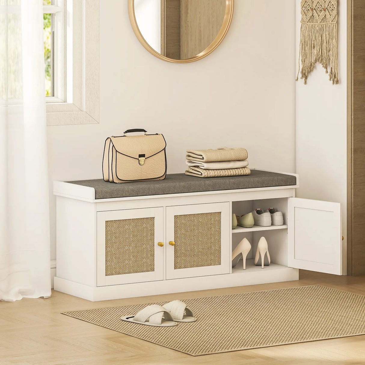 HOMCOM Shoe Storage Bench with Woven Rattan Doors, Seat - White