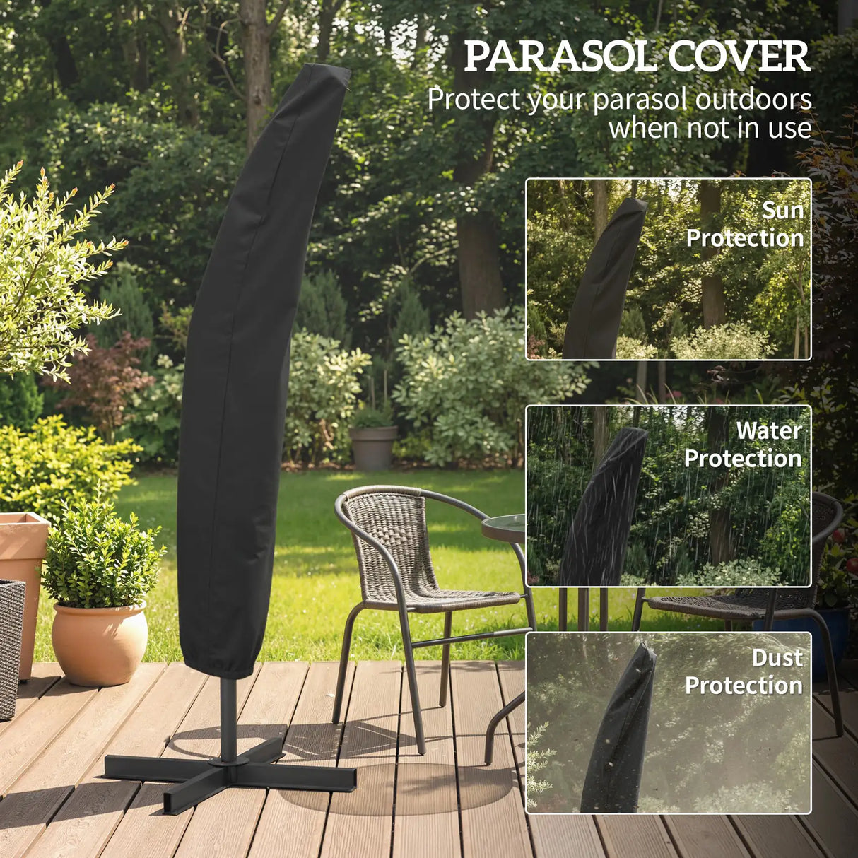 Outsunny 3m Overhanging Parasol, with Base, Weights and Cover - Sand brown
