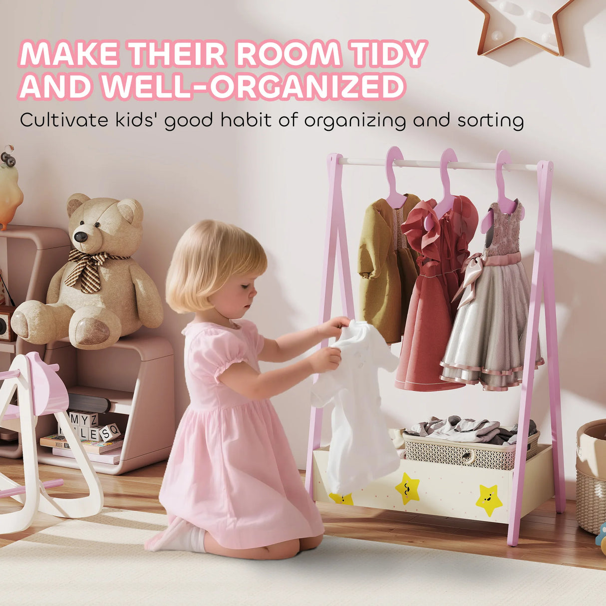 AIYAPLAY Baby Clothing Rack with Hangers, Storage Shelf for Bedroom, Star Theme, for Ages 3-6, Pink