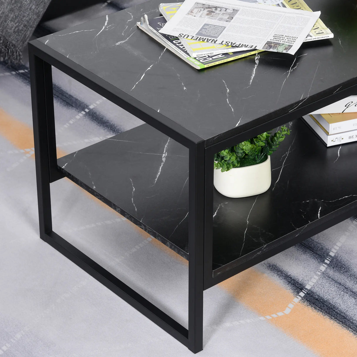 HOMCOM Coffee Table, Two-Tier Faux Marble Effect Centre Table with Metal Frame and Storage Shelf for Living Room, 106 x 50 x 45cm, Black