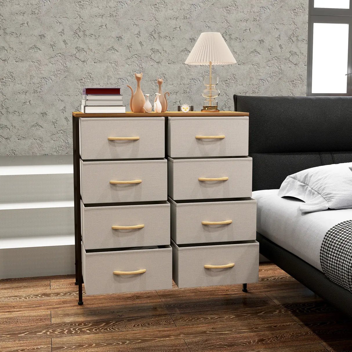 HOMCOM Fabric Chest of Drawers, Industrial Bedroom Dresser with 8 Fabric Drawers, Steel Frame and Wooden Top for Nursery, Living Room, Hallway, Cream White
