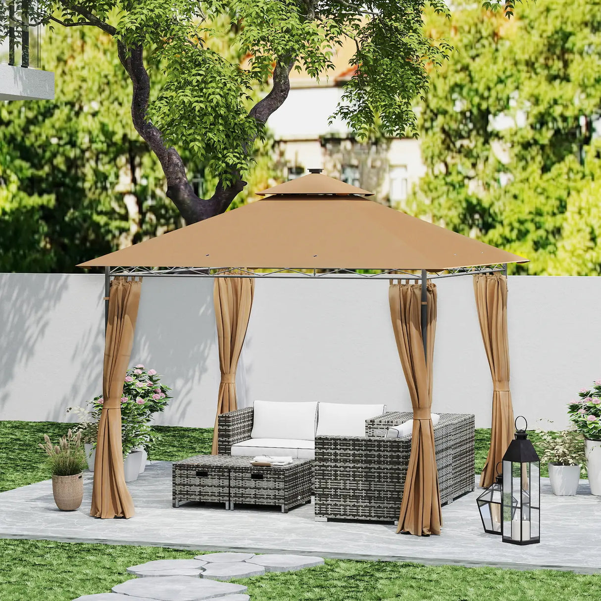 Outsunny 3 x 3 m Solar LED Metal Gazebo - Brown