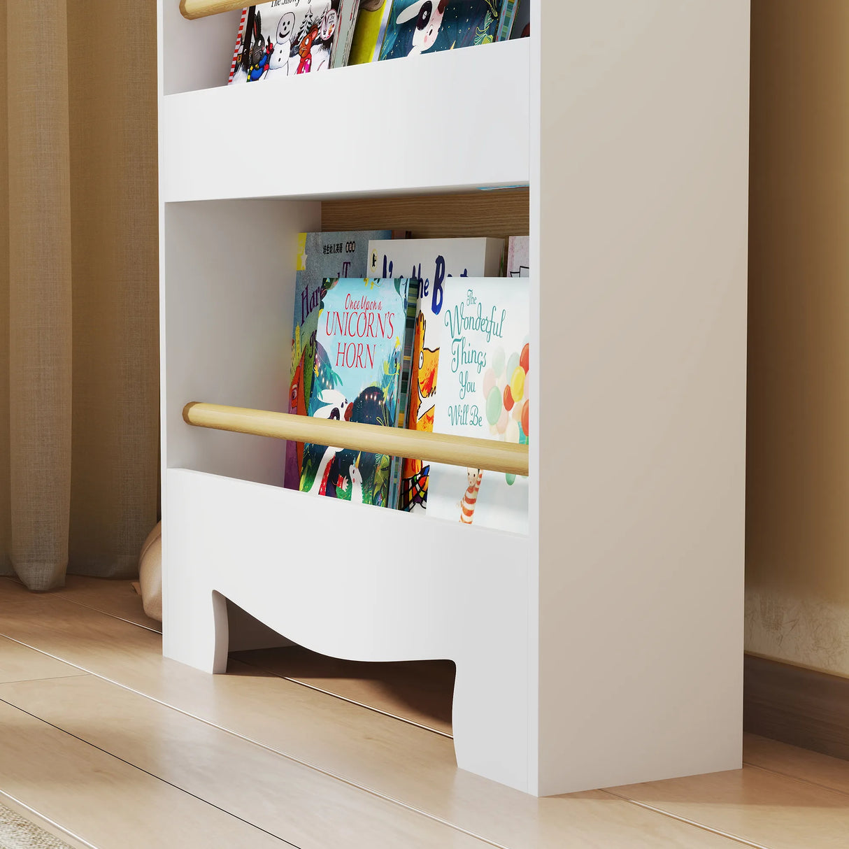 AIYAPLAY Kids Bookshelf, 3 Tier Children Bookcase, Bear Theme Toddler Space-Saving Bookcase for Living Room, White