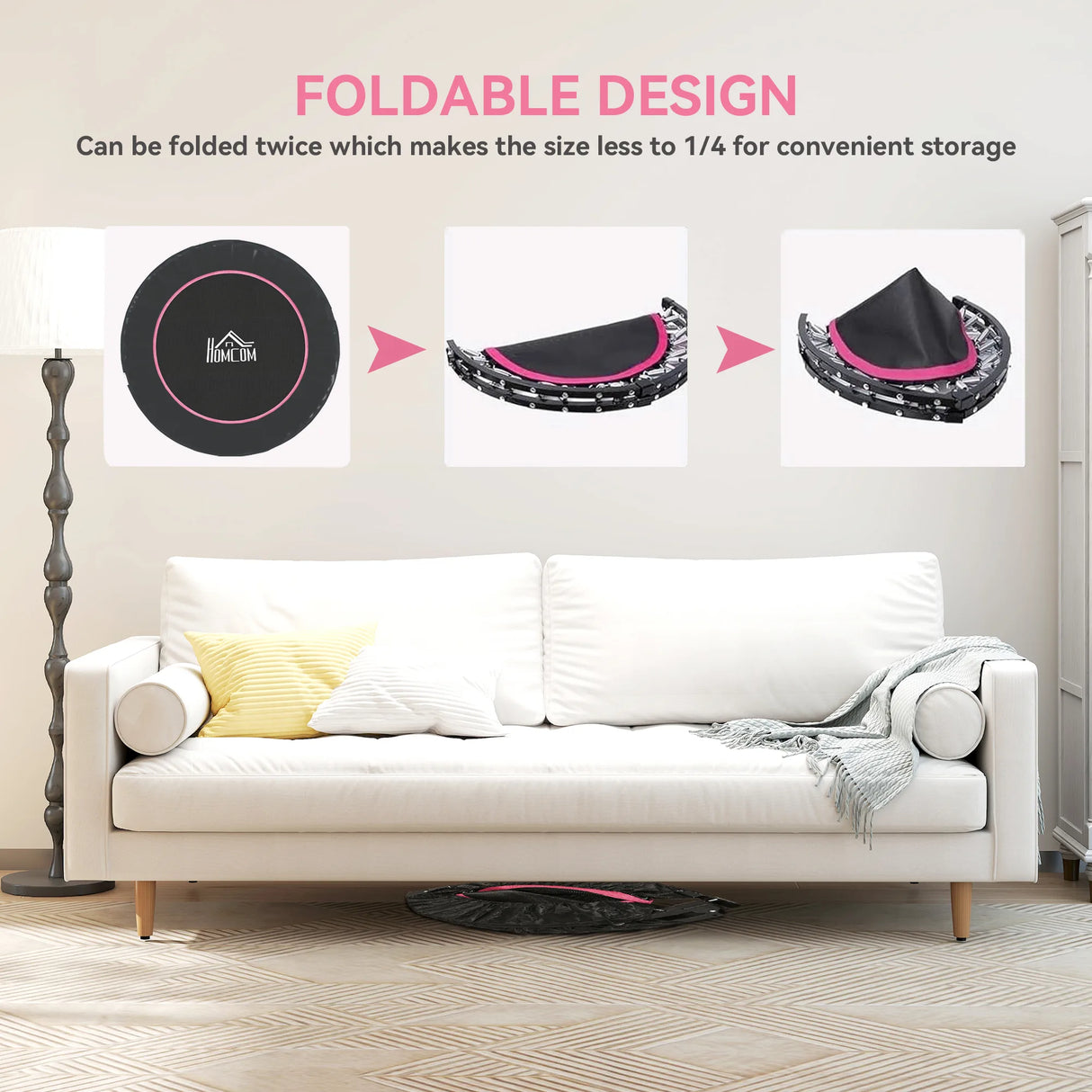 HOMCOM 45" Foldable Mini Fitness Trampoline, with Adjustable Foam Handle, Pink