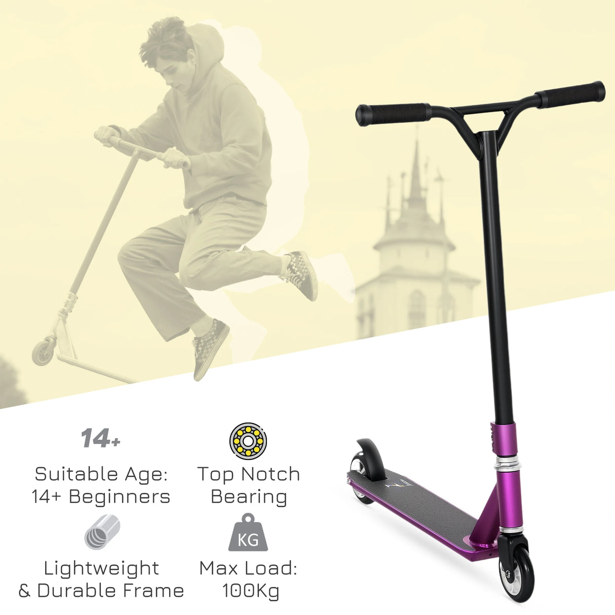 HOMCOM Stunt Scooter, 360 Entry Level Tricks Scooter w/ Lightweight Aluminium Deck and ABEC 7 Bearing, For Age 14+ Beginners, Purple