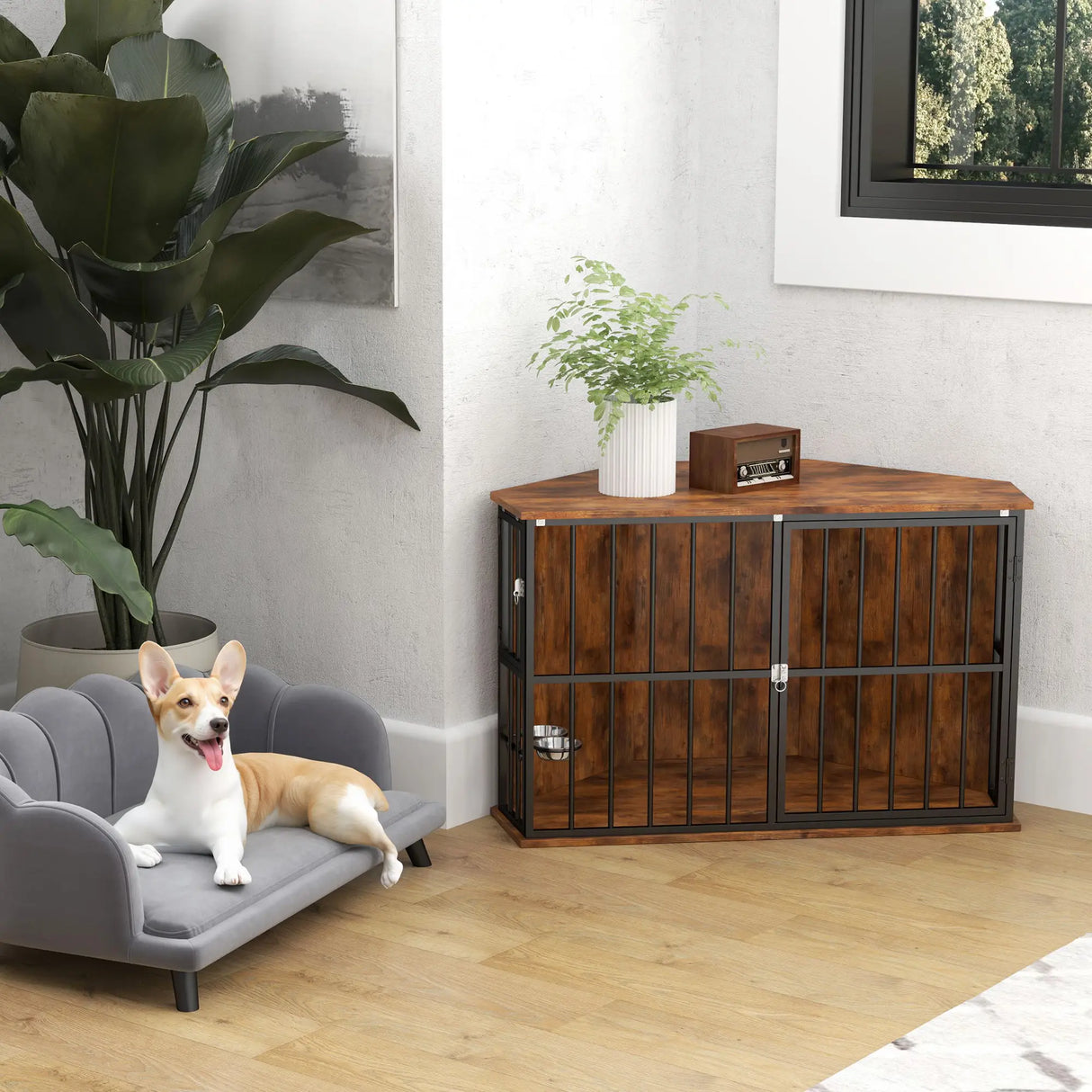 PawHut Corner Dog Crate Furniture with Two Bowls, Lockable Doors, for Small, Medium Dogs, Rustic Brown