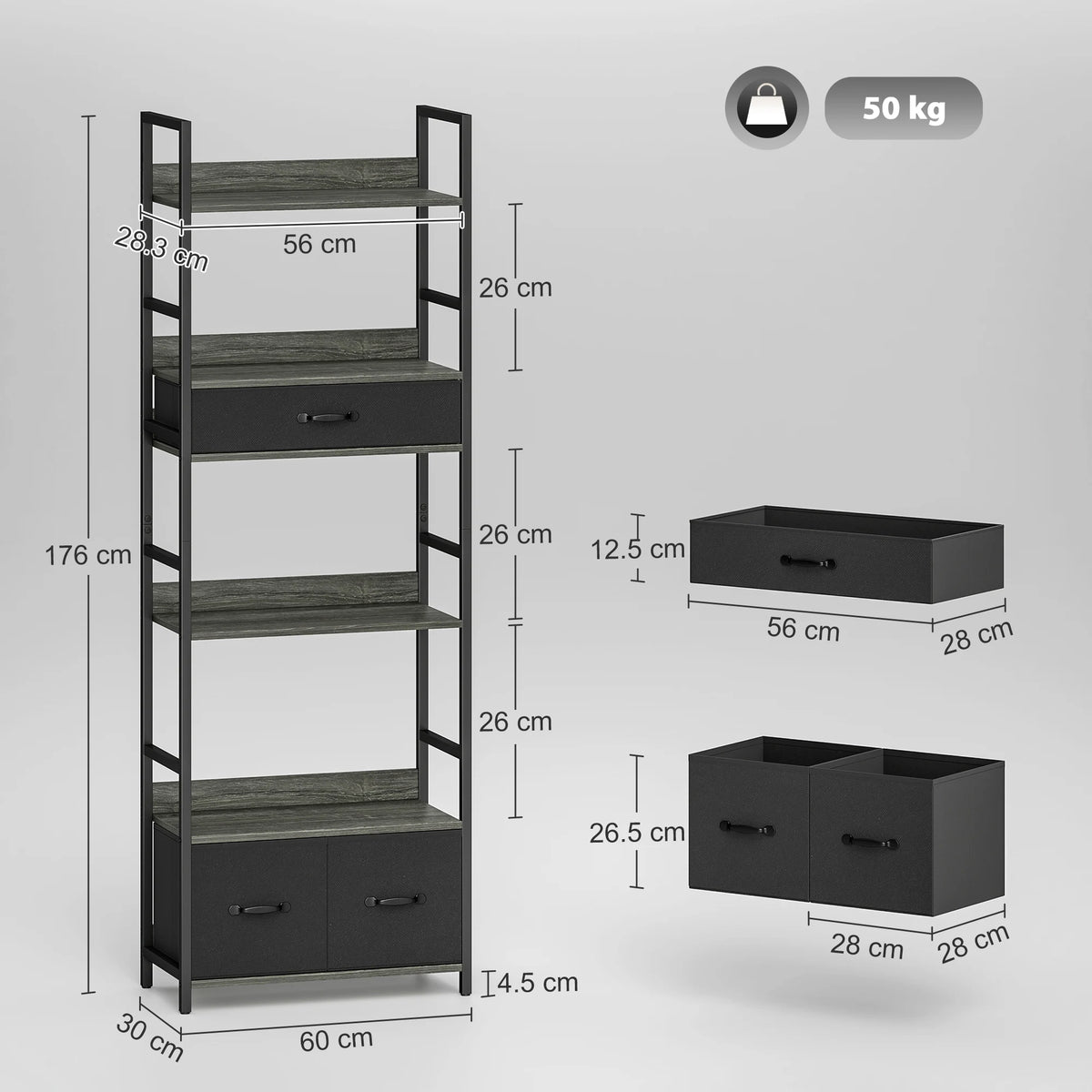 HOMCOM Industrial Bookcase, 6-Tier Tall Bookshelf with 3 Fabric Drawers - Grey