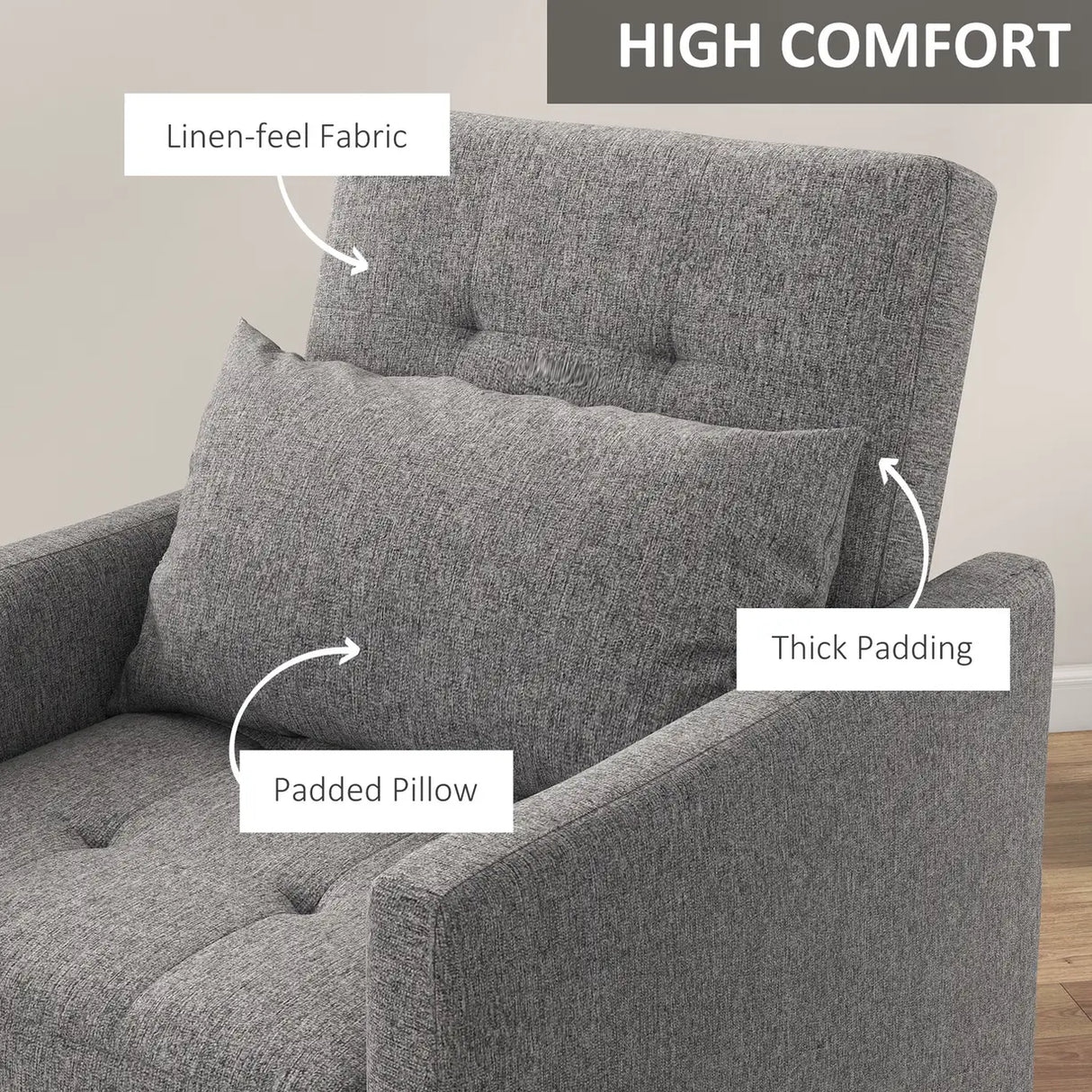 HOMCOM 3-In-1 Chair Bed, Convertible Sleeper Chair with Adjustable Backrest, Pillow and Footrest for Living Room, Grey