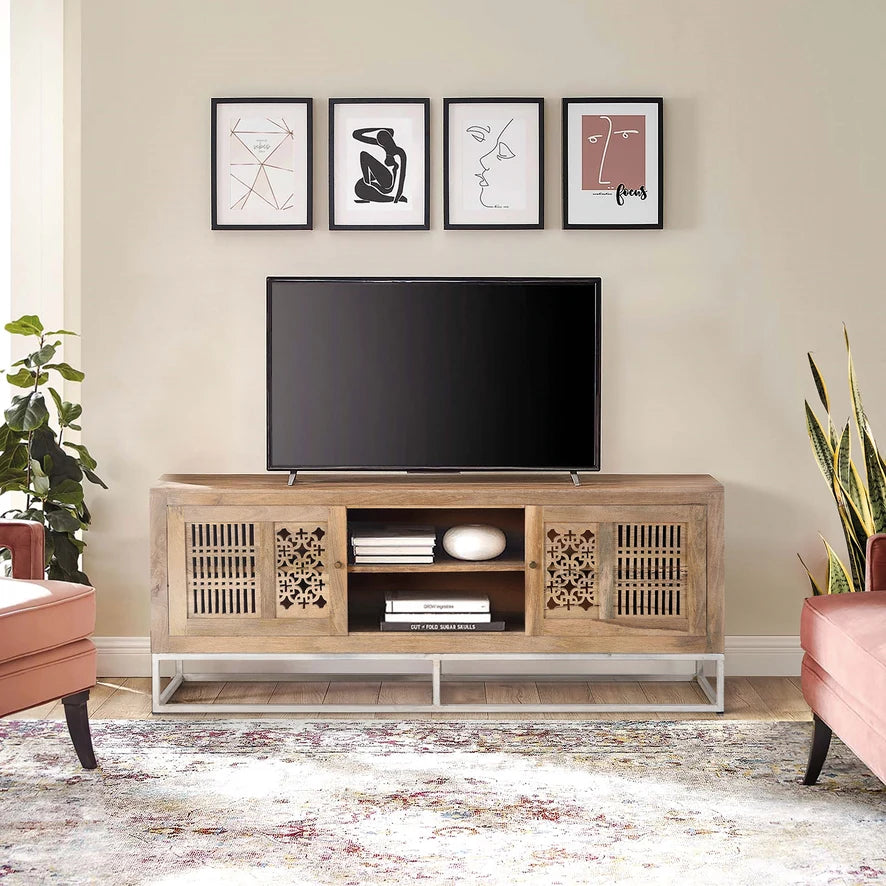 Giner and Colomer - Mango Wood TV Cabinet With 2 Sliding Doors & Metal Base