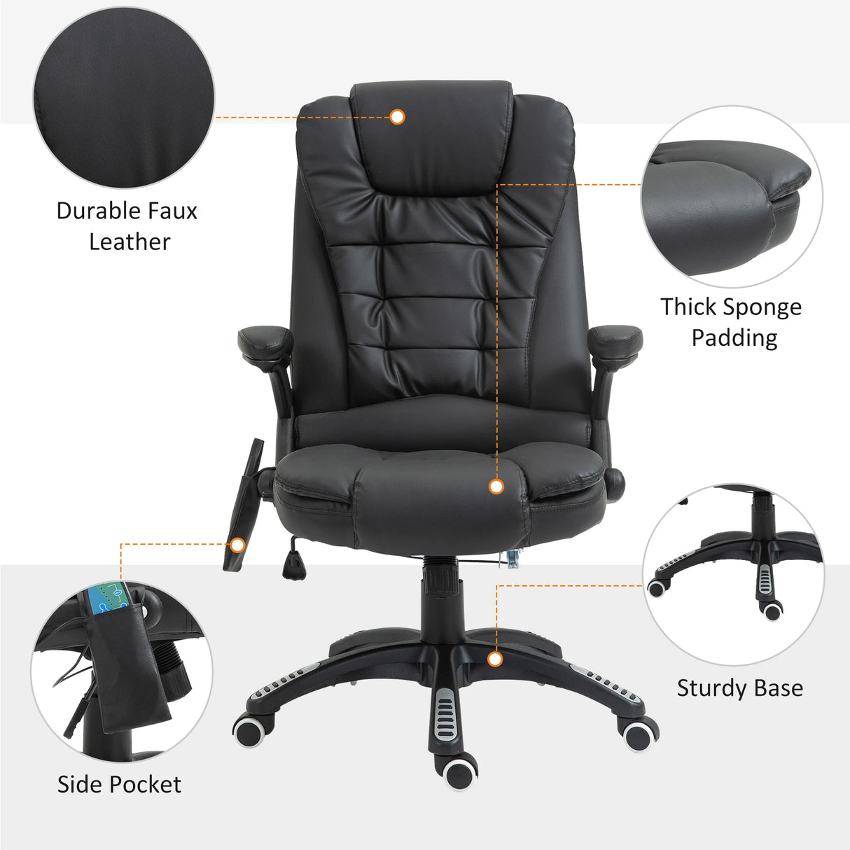 HOMCOM 6-Point Massage Office Chair with Seat Heated for Home Office, PU Leather High Back Executive Desk Chair with Adjustable Height and 360 Swivel for Work Study, Black