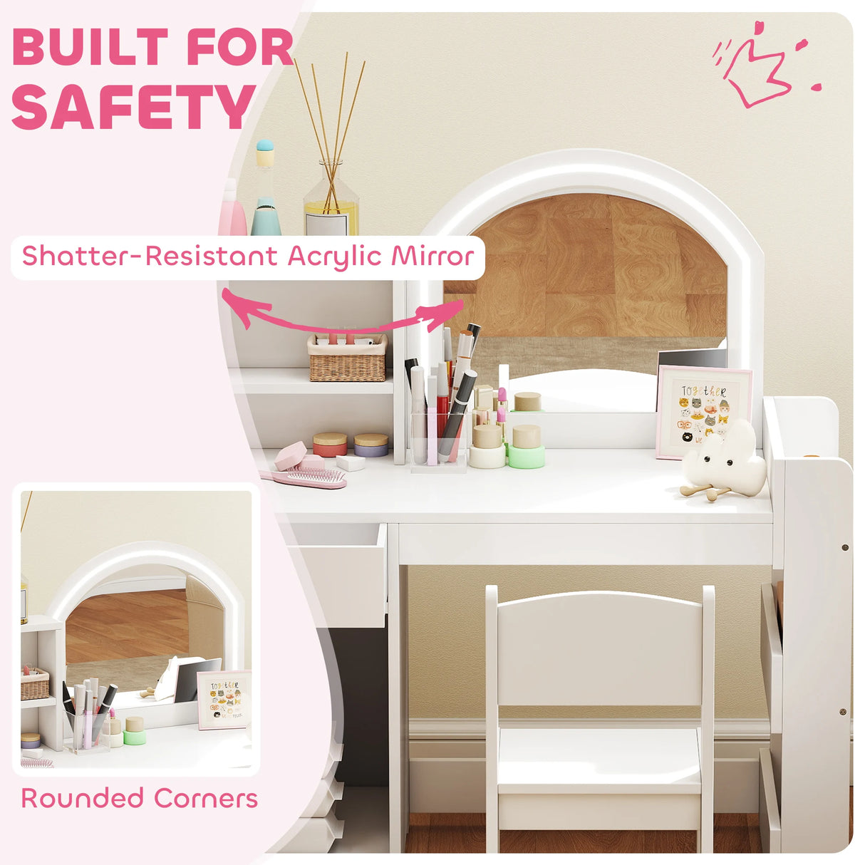 AIYAPLAY Kids Vanity Table and Chair Set, Girls Dressing Table with 2-Colour LED Mirror, Stool, Cabinet, Drawer, Shelves, White