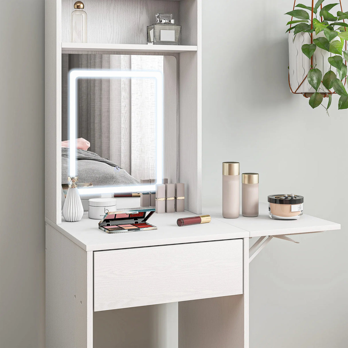 HOMCOM Small Vanity Desk with Mirror and LED Lights, Compact Dressing Table with Drop Leaf, Open Shelves and Drawer, White