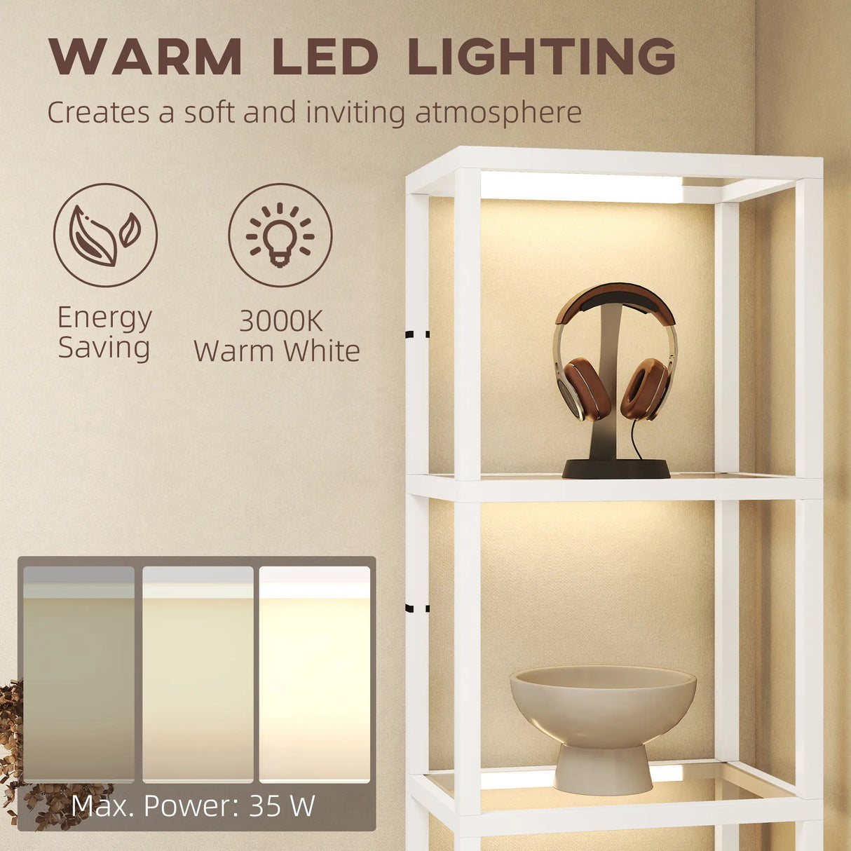 HOMCOM LED Floor Lamp with Glass Shelves, 4 Layers Dimmable Tall Standing Lamp, Modern Column Shelf Floor Light for Living Room, Bedroom, Office, White