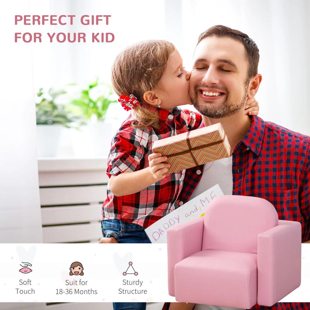 HOMCOM 2 In 1 Toddler Sofa Chair, 48 x 44 x 41 cm, for Game Relax Playroom, Pink