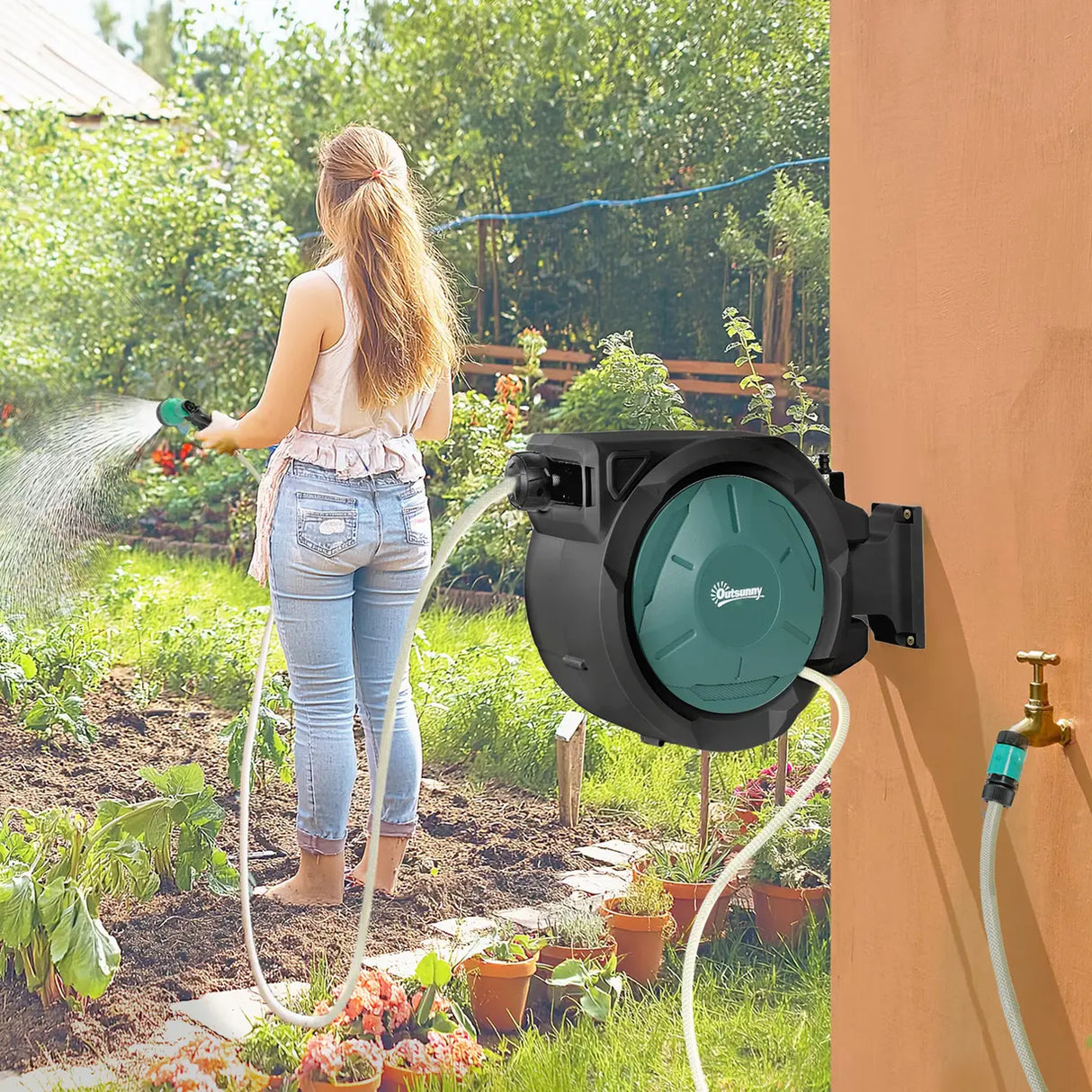 Outsunny Retractable Hose Reel Wall Mounted, 20+2m Garden Hose Pipe Reel with Lock, Auto Rewind, 7 in 1 Spray Nozzle, Includes Wall Fixings, 180 Swivel, Outdoor Watering, 54 x 20 x 39 cm, Black