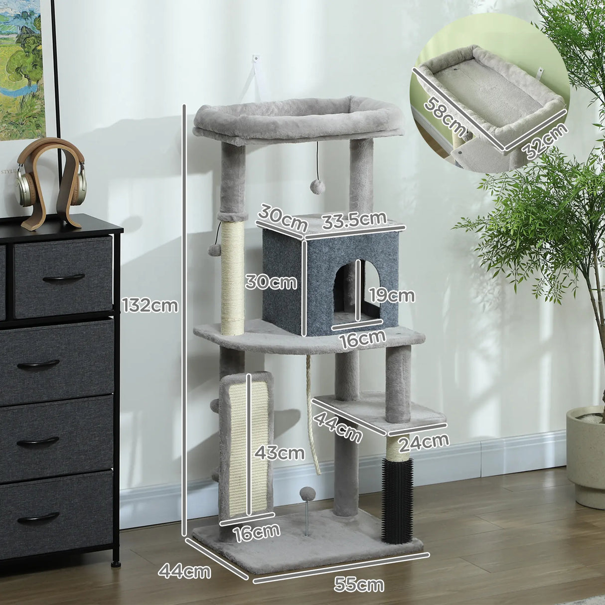 PawHut 132cm Cat Tree w/ Scratching Posts, Pad, Cat Bed, Cat House, Jumping Platform, Grooming Brush, Anti-Tip Kit, Light Grey