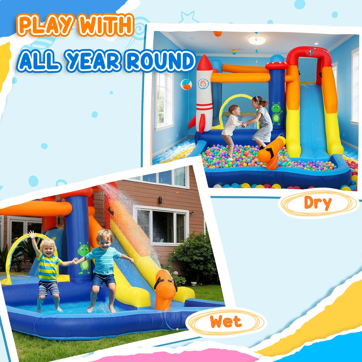 AIYAPLAY 5 in 1 Bouncy Castle for Children with 550W Blower, Water Slide, Splash Pool, Jumping Area, Climbing Wall, Cannon