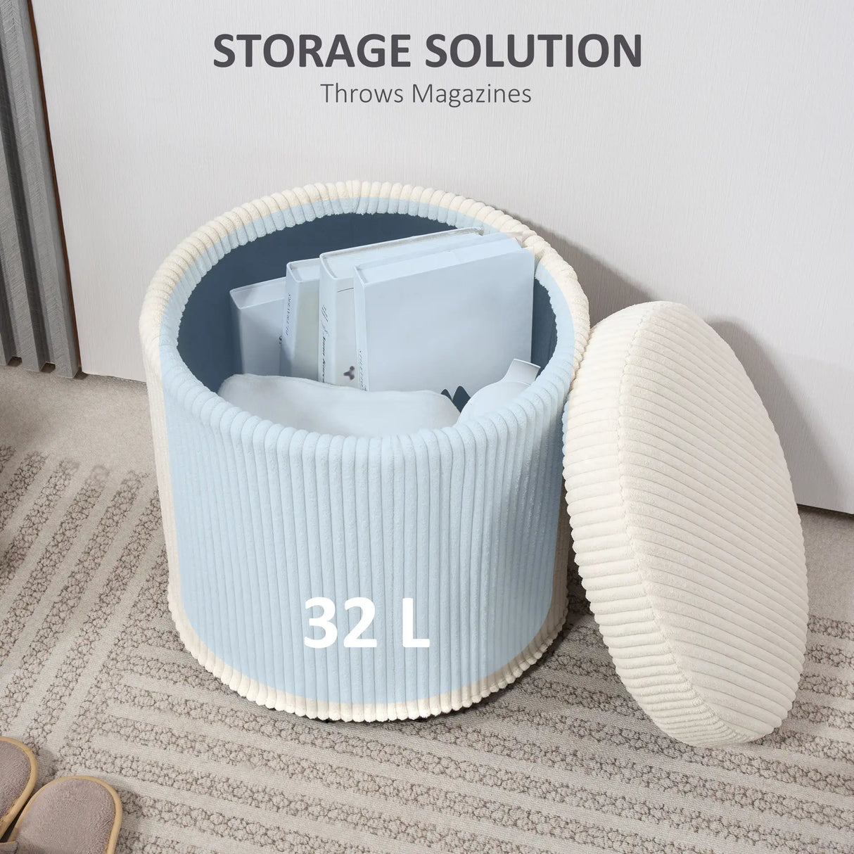 HOMCOM 40cm Round Storage Ottoman, Corduroy Footstool with Removable Lid and Legs, Vanity Stool for Living Room, Bedroom, Beige