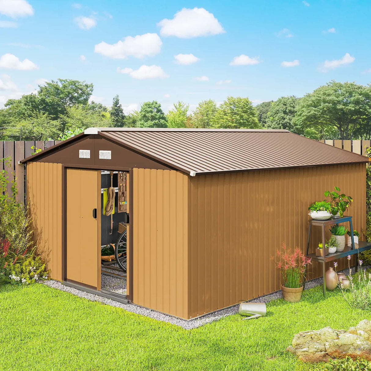 Outsunny 13 x 11ft Metal Garden Shed, Outdoor Storage Tool House with Ventilation Slots, Foundation Kit and Lockable Double Doors, Light Brown