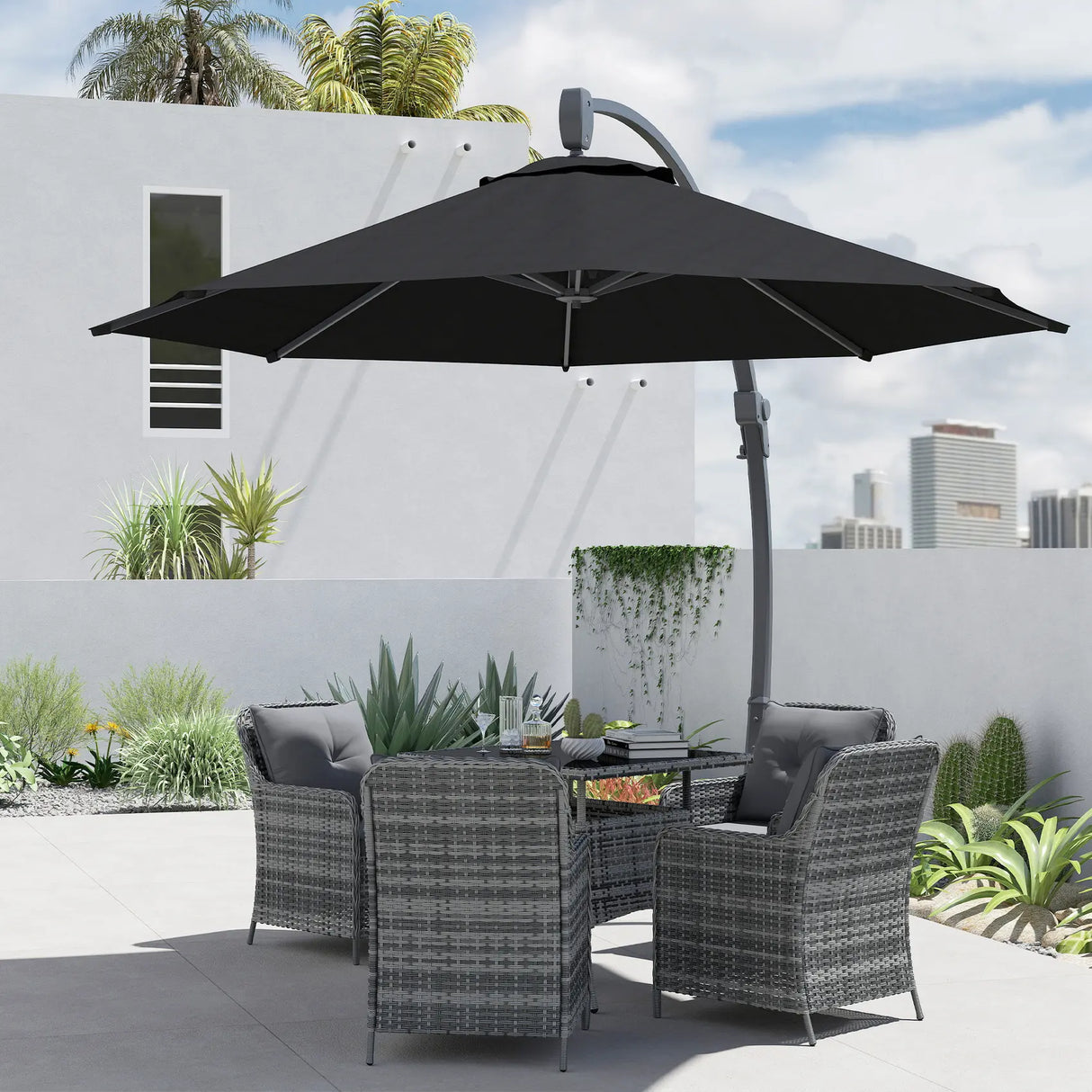 Outsunny 3(m) Garden Cantilever Parasol, Round Overhanging Umbrella with Crank Handle, Cross Base, Aluminium Frame and 360 Rotation, Banana Patio Umbrella for Outdoor Sun Shade, Black