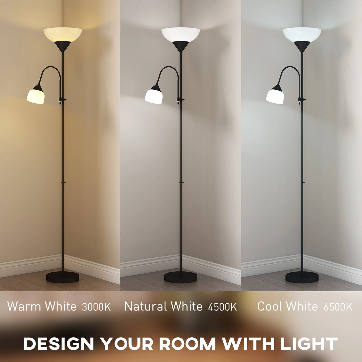 HOMCOM LED Floor Lamp for Living Room, 180cm Tall Standing Lamp, Mother and Child Uplighter with Adjustable Gooseneck, 3000K/4500K/6500K Colour Temperatures, Black