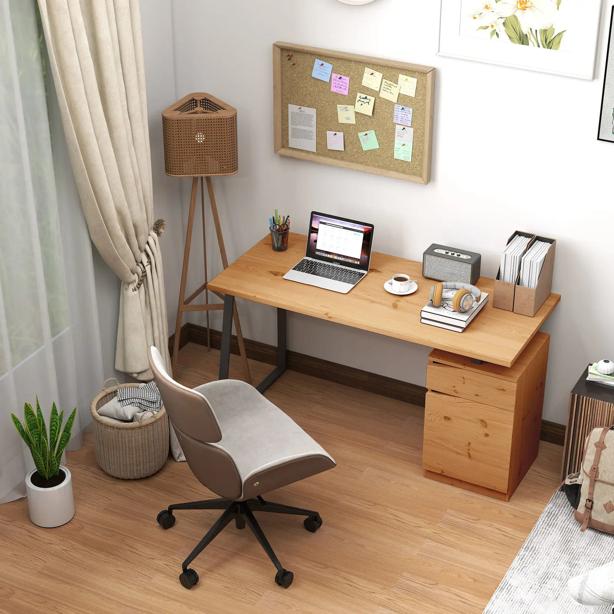 HOMCOM Computer Desk, Writing Desk with Cabinet, Drawer, Metal Legs, Work Table for Home Office Study, Natural Wood Finish