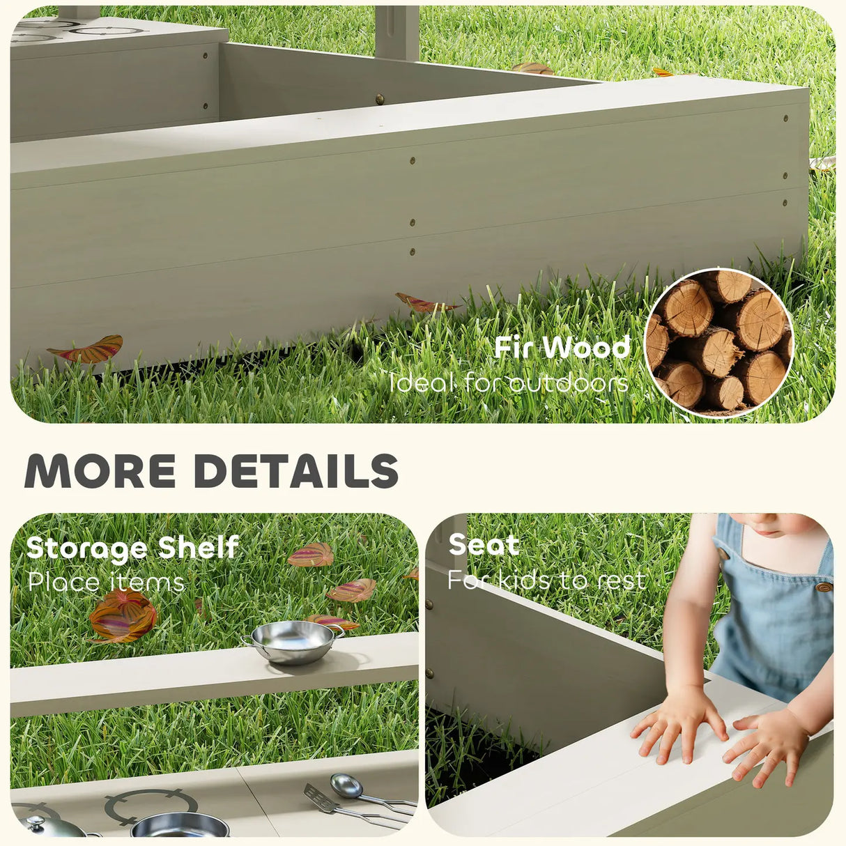 Outsunny Kids Wooden Sandbox w/ Canopy, Kitchen Toys, Seat, Storage, for Ages 3-7 Years