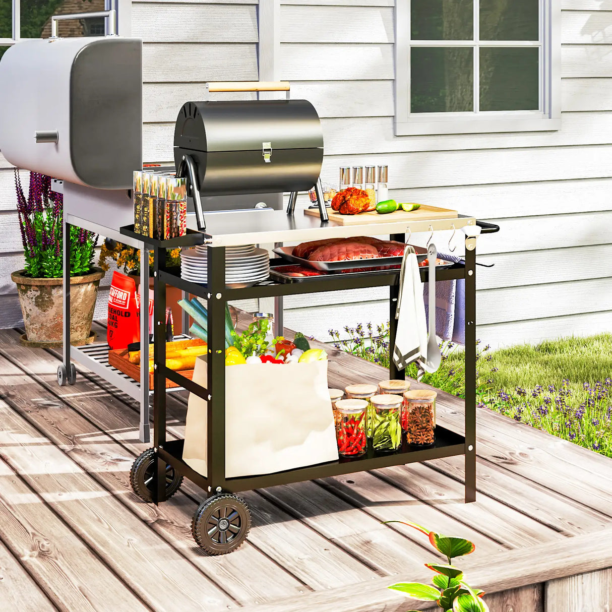 Outsunny BBQ Trolley with Stainless Steel Top Adjustable Shelf, Outdoor Kitchen Barbecue Station with Hooks Seasoning Tray Towel Rack, Pizza Oven Table Movable Grill Dining Cart with Cover, Black