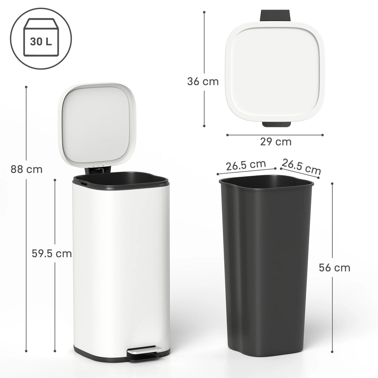 HOMCOM 30L Kitchen Bin, Compact Pedal Bin with Soft-Close and Stay-Open Lid, Removable Bucket for Kitchen, Home, Office, Cream