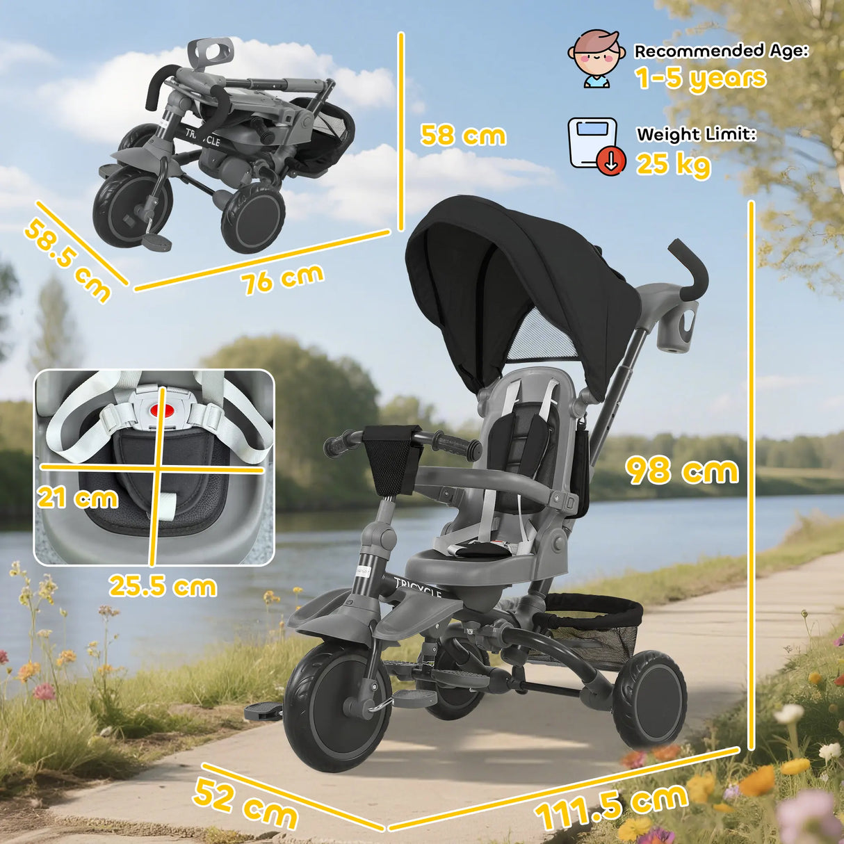 AIYAPLAY 6 in 1 Foldable Kids Trike with Adjustable Parent Handle & Canopy for Ages 1-5, Black