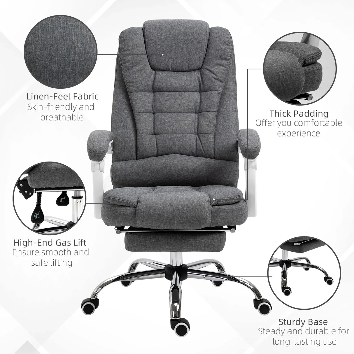 Vinsetto Office Chair, Computer Desk Chair, Linen Fabric Swivel Rolling Task Chair with Large Soft Padded Cushion, 135 Reclining Backrest and Retractable Footrest, Grey