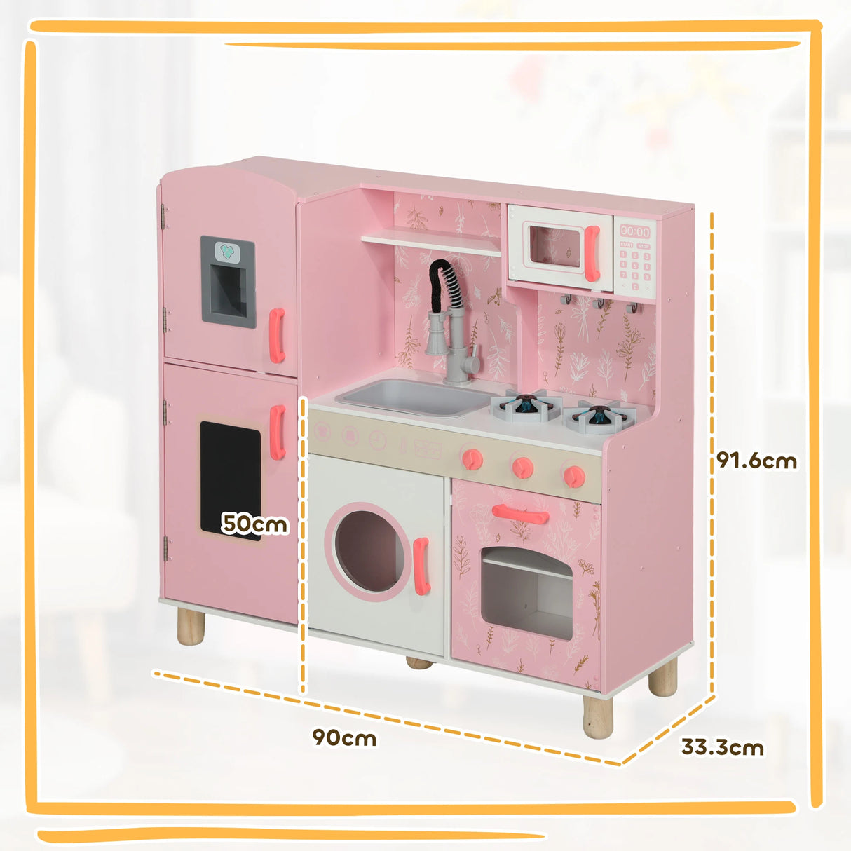 AIYAPLAY Play Kitchen, Kids Kitchen Set with Lights and Sounds, Double Stoves, Ice Maker, Chalkboard for 3+ Years, Pink