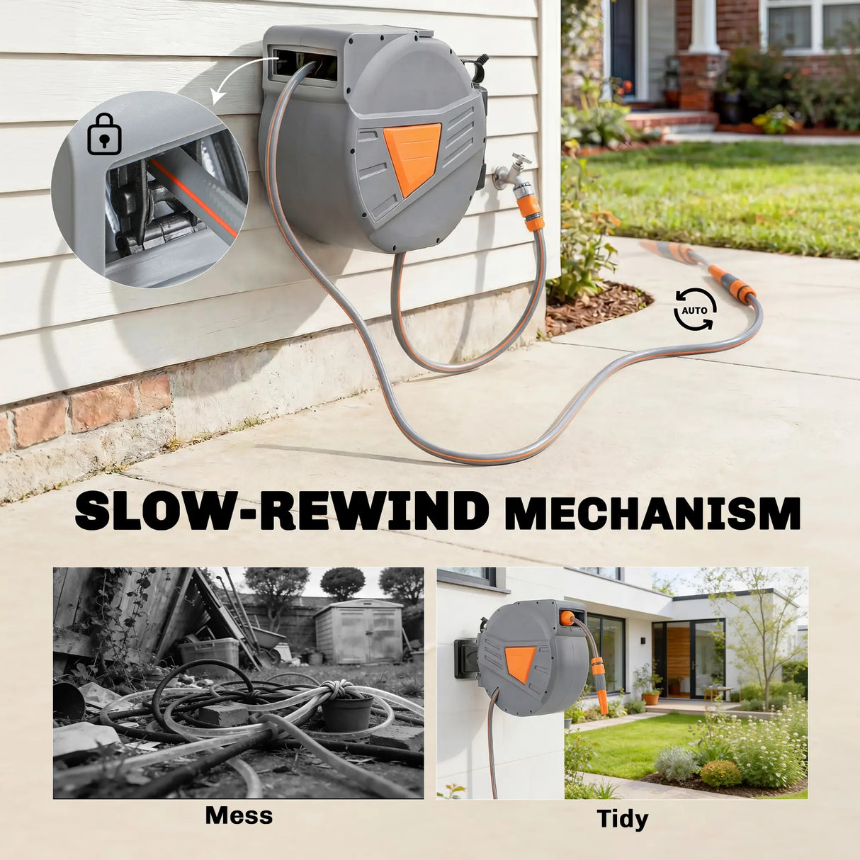 Outsunny Retractable Hose Reel Wall Mounted, 20+1.6m Garden Hose Pipe Reel with Auto Retraction, Self-Locking, Orange