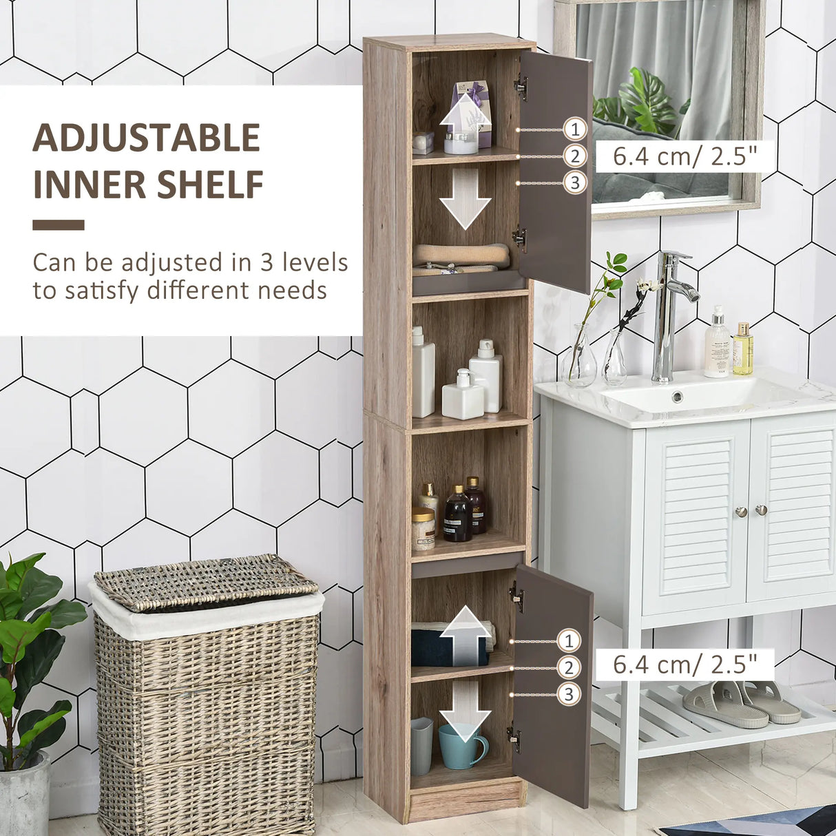 HOMCOM Narrow Bathroom Cabinet, Slim Bathroom Storage Unit with Open Compartment, Freestanding Storage Cupboard with Adjustable Shelves for Small Spaces, 30 x 24 x 170 cm, Grey and Oak