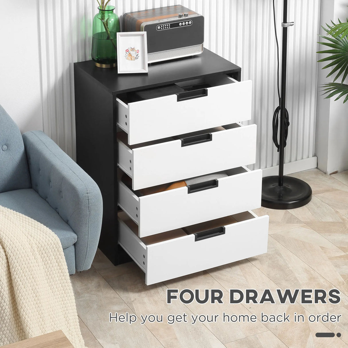 HOMCOM Drawer Chest, 4-Drawer Storage Cabinet Organiser for Bedroom, Living Room, 60cmx40cmx80cm, White and Black