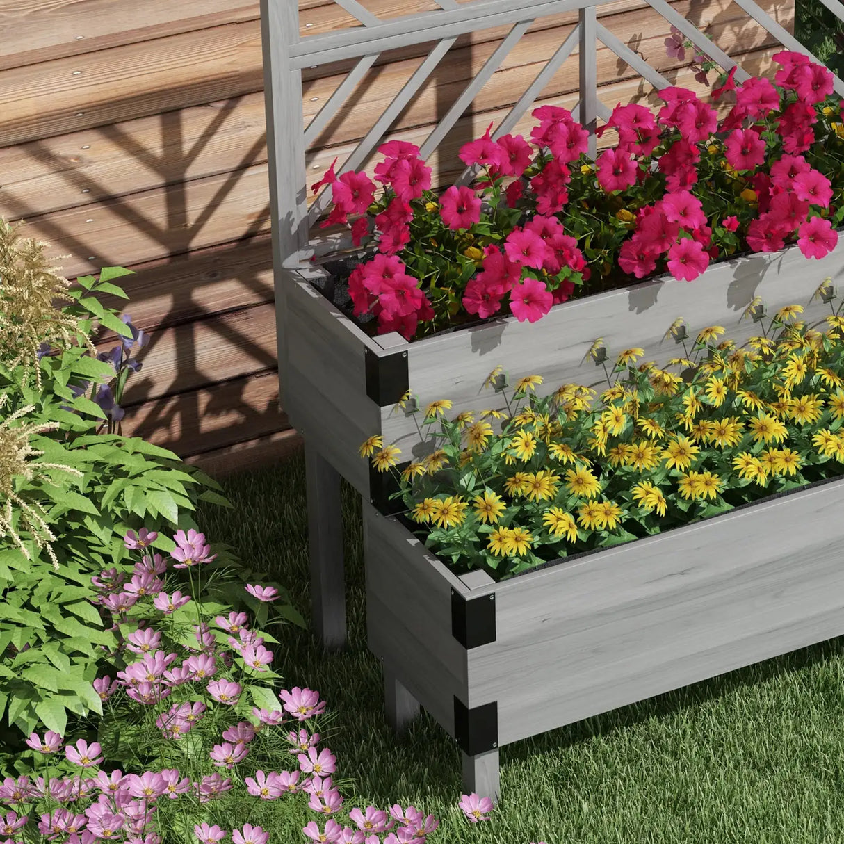 Outsunny Raised Garden Bed with Trellis, 2-Tier Wooden Elevated Planter Box for Vegetables, Flowers, Herbs, Grey