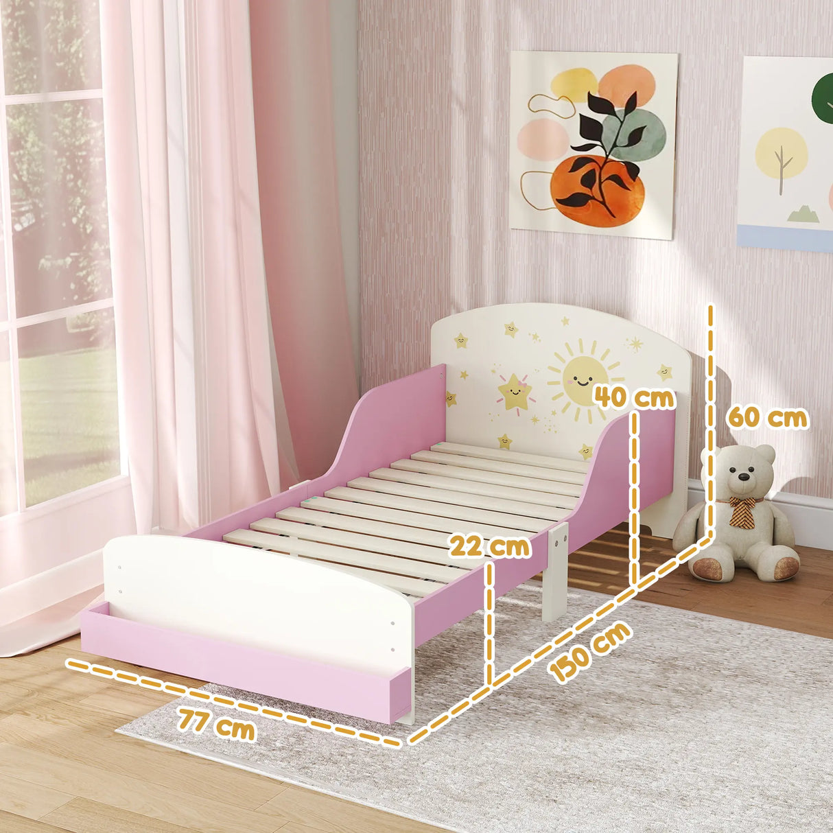 AIYAPLAY Toddler Bed with Storage, Guardrails, Sun Design, for Ages 3-8 Years, Fits 140 x 70cm Mattress,