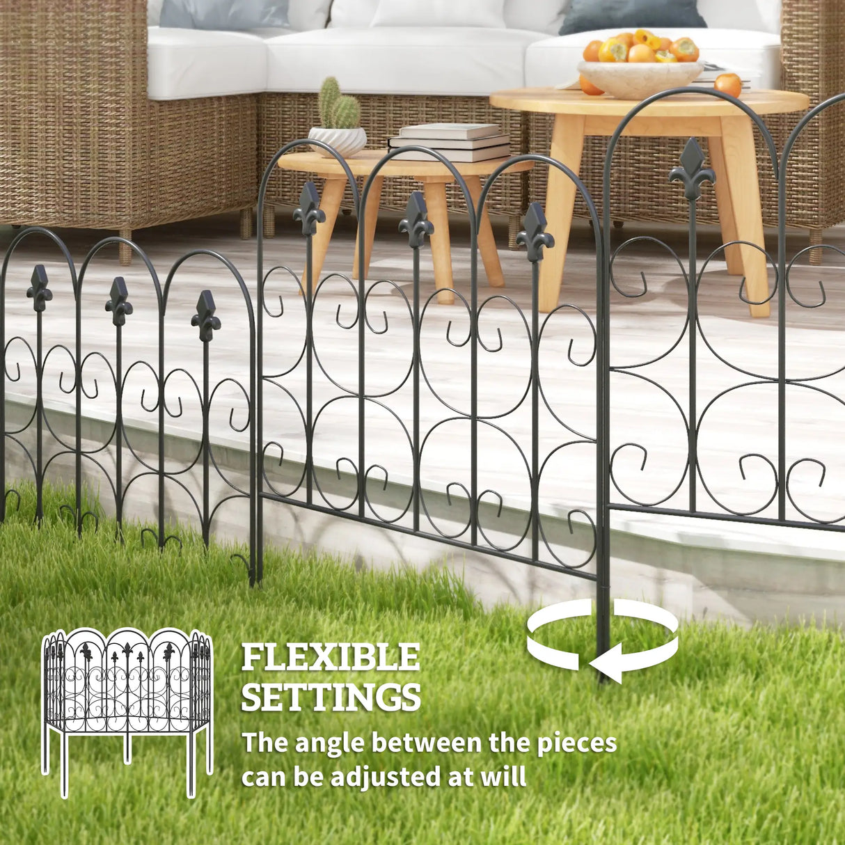 Outsunny Decorative Garden Fencing, 83cm (H) x 3m (L) 5PCs Outdoor Picket Fence Panels, Rustproof Metal Wire Landscape Flower Bed Border Edging Animal Barrier, Black